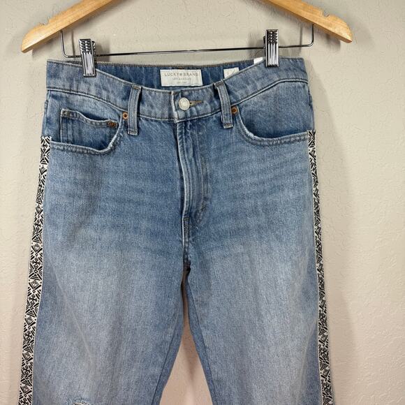 Women's Lucky Brand Ribbon Embellished Distressed Straight‎ Leg Jeans Size 2/26 - Picture 6 of 7